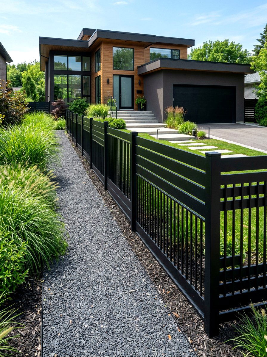 Black Aluminum Slat Fence - 30 front yard fence ideas