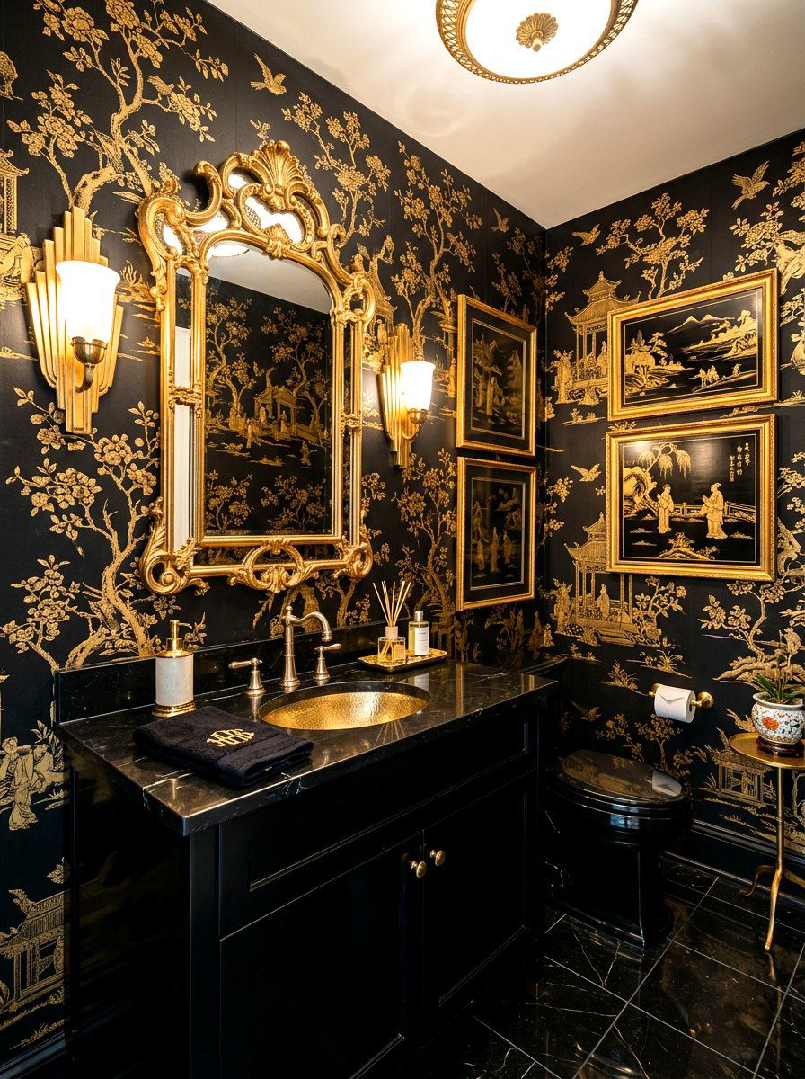 Black And Gold Chinoiserie Powder Room - 30 chinoiserie powder room ideas