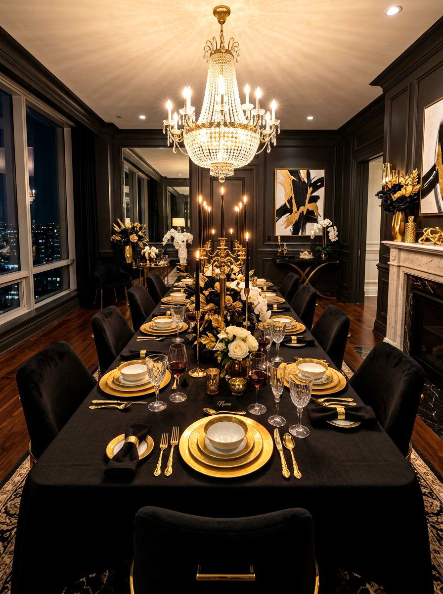Black And Gold Festive Table - 30 holiday dining table ideas