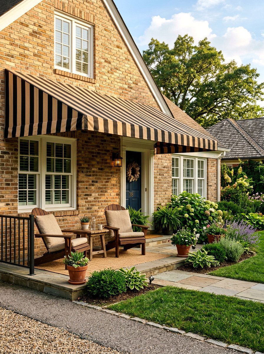 Black And Tan Striped Entry Awning - 30 striped awning front porch ideas