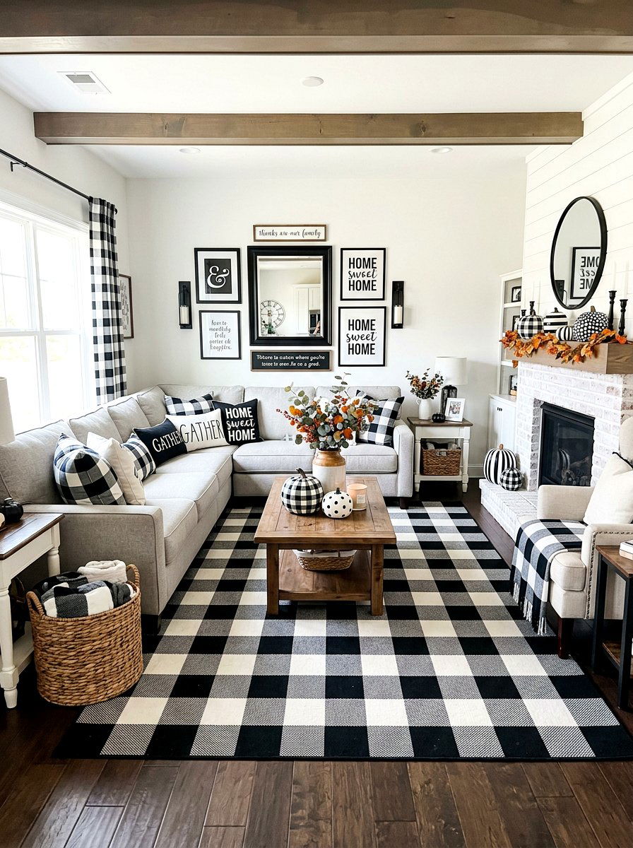 Black And White Buffalo Check Decor - 30 fall mantel styling ideas