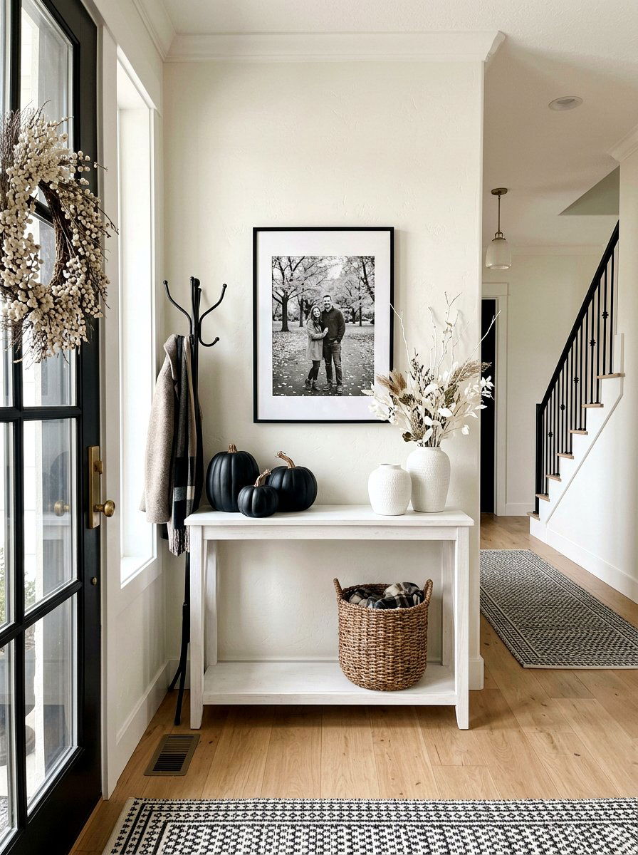 Black And White Fall Entryway - 30 Thanksgiving entry table ideas