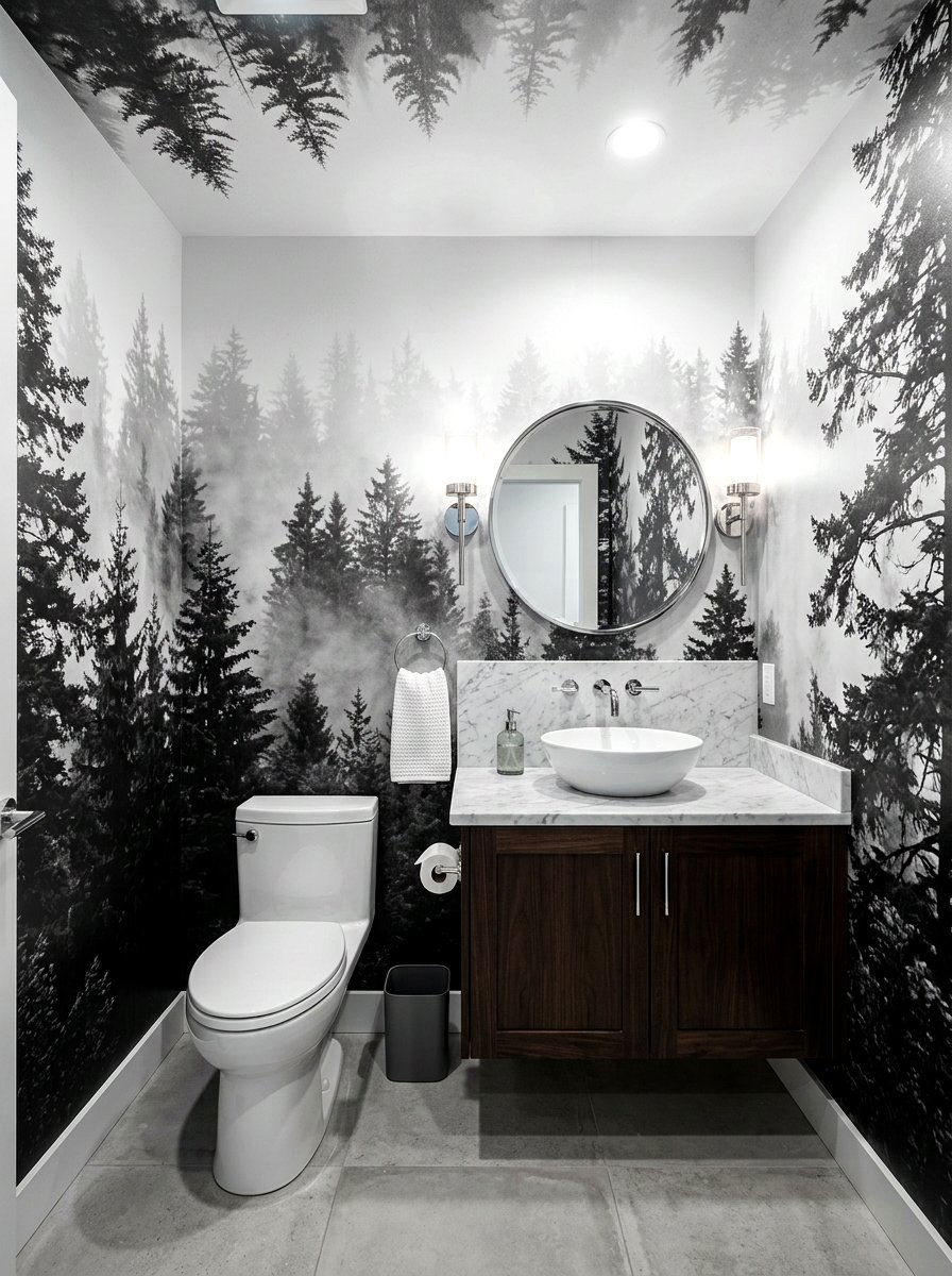 Black And White Forest Mural Powder Room - 30 murals in powder room ideas