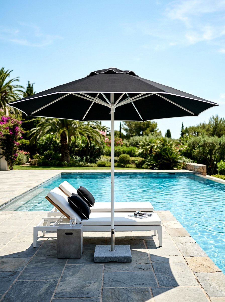 Black And White Pool Umbrella - 30 poolside umbrella lounge ideas