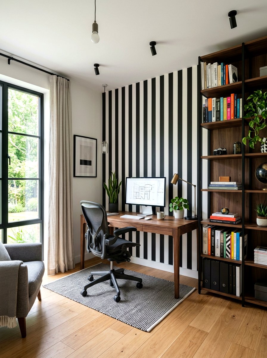 Black And White Stripe Office - 30 wallpaper decor ideas