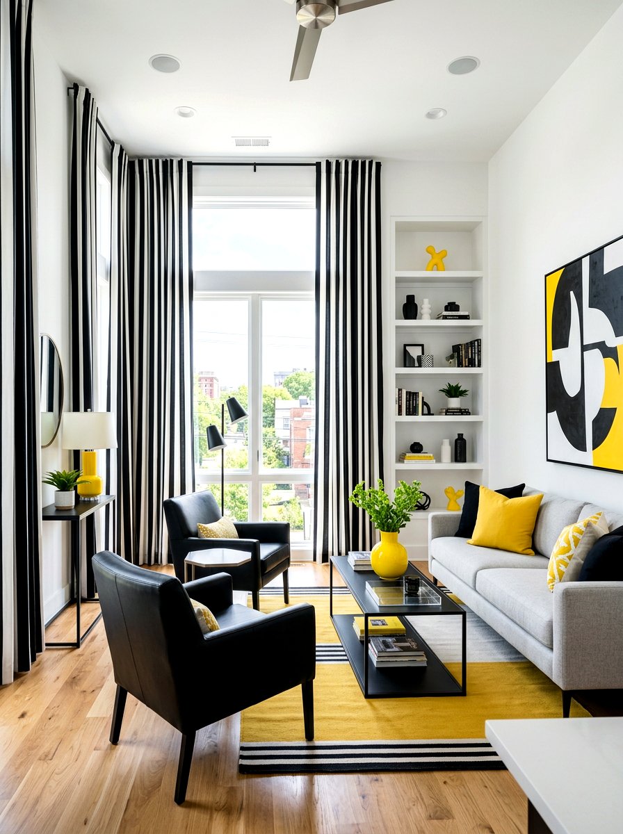 Black And White Striped Curtains - 30 dramatic drapery living room ideas