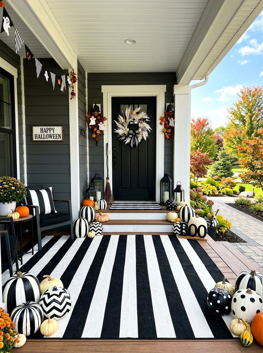 Black And White Striped Halloween Porch - 30 Halloween porch ideas