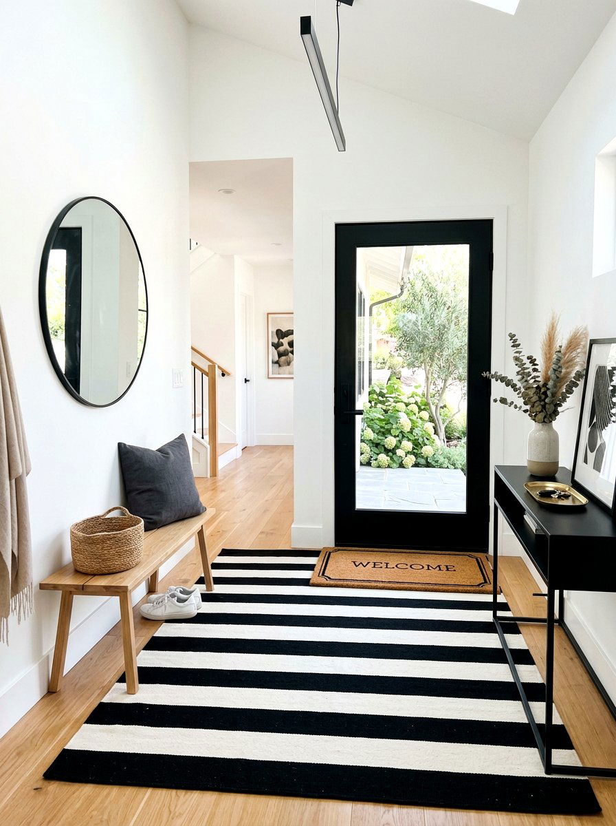 Black And White Striped Layered Mat - 30 entrance rug layering ideas