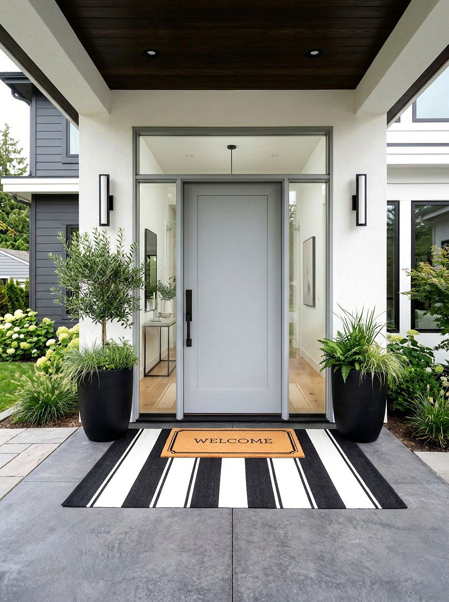Black And White Striped Porch Rug - 30 layered doormat porch ideas