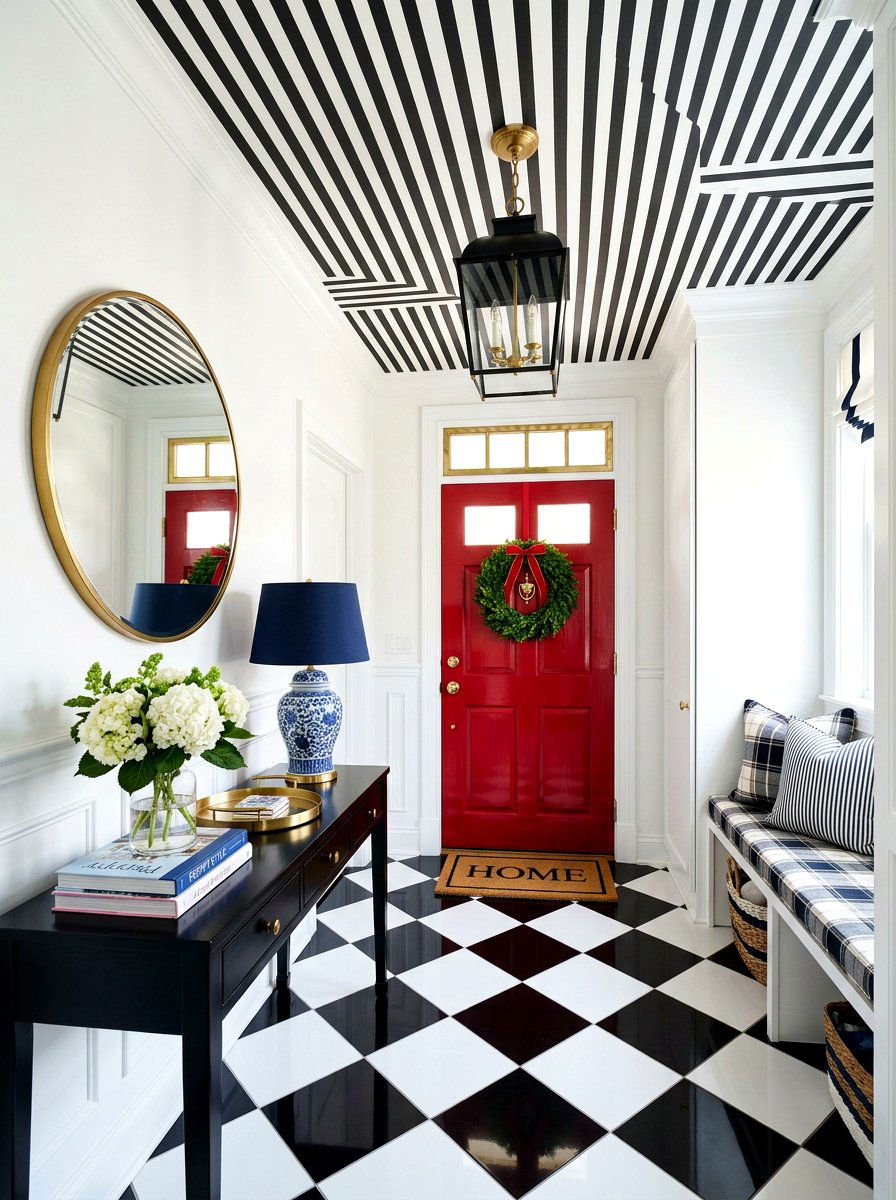Black And White Stripes Entryway - 30 wallpapered foyer ceiling ideas