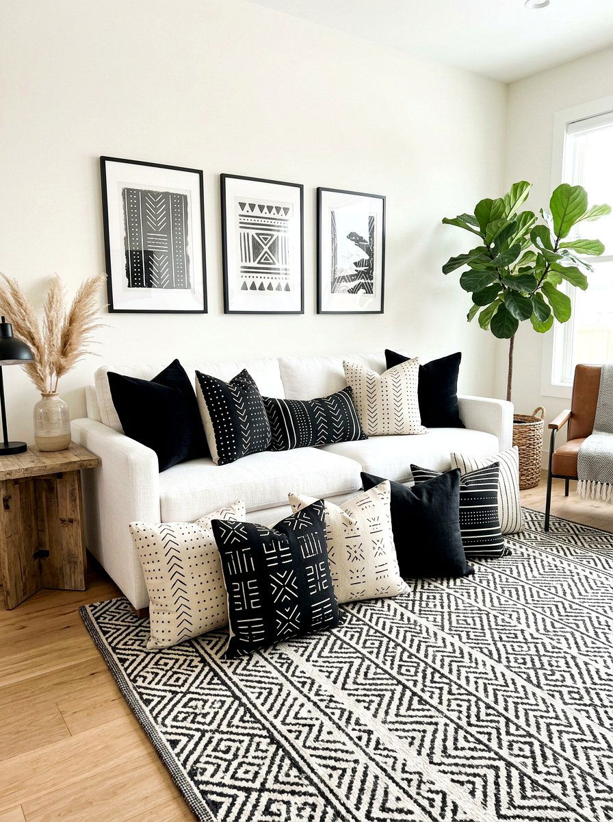 Black And White Tribal Print Pillows - 30 layered throw pillow ideas