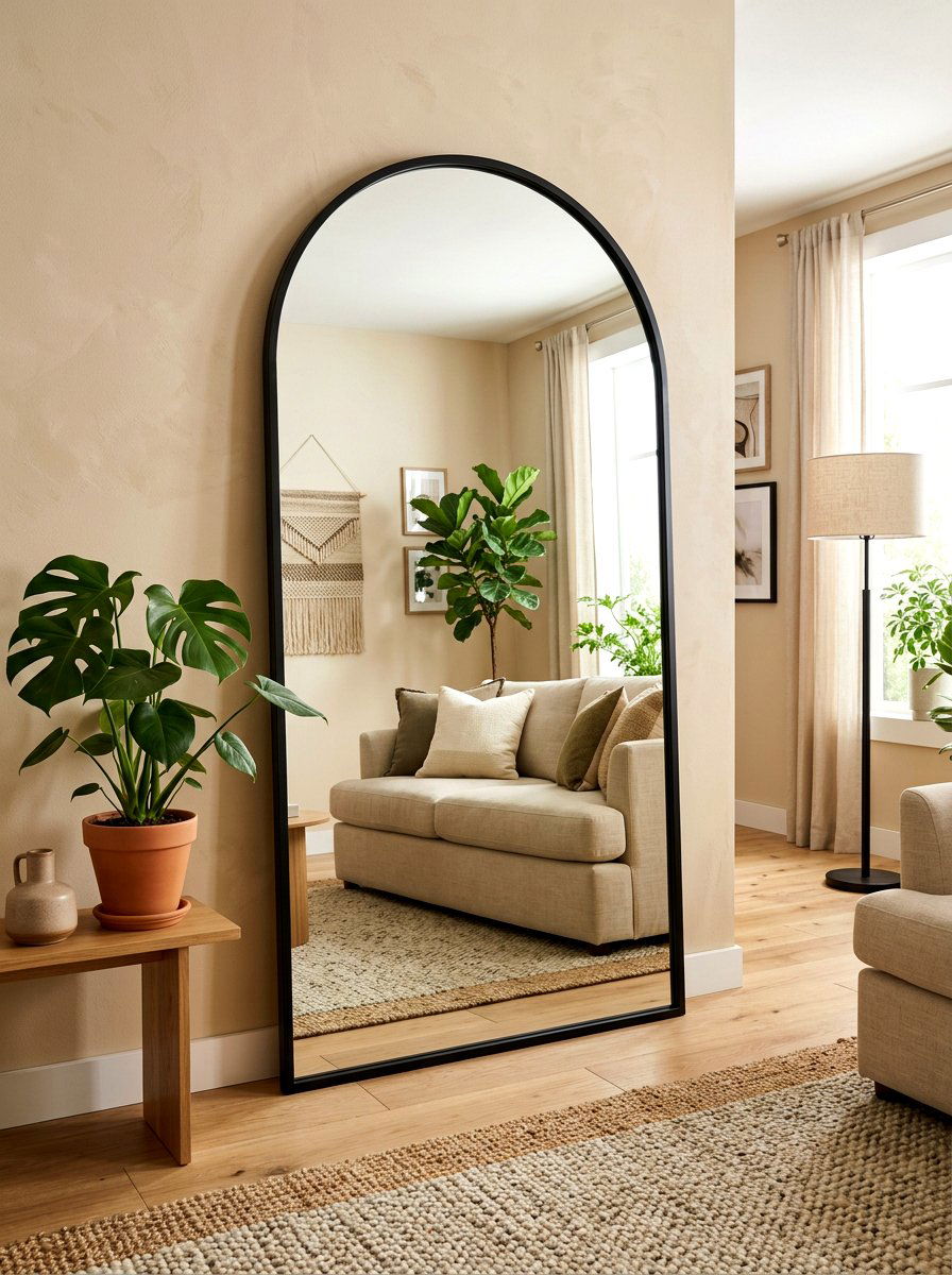 Black Arched Mirror In Beige Living Room - 30 black and beige living room ideas