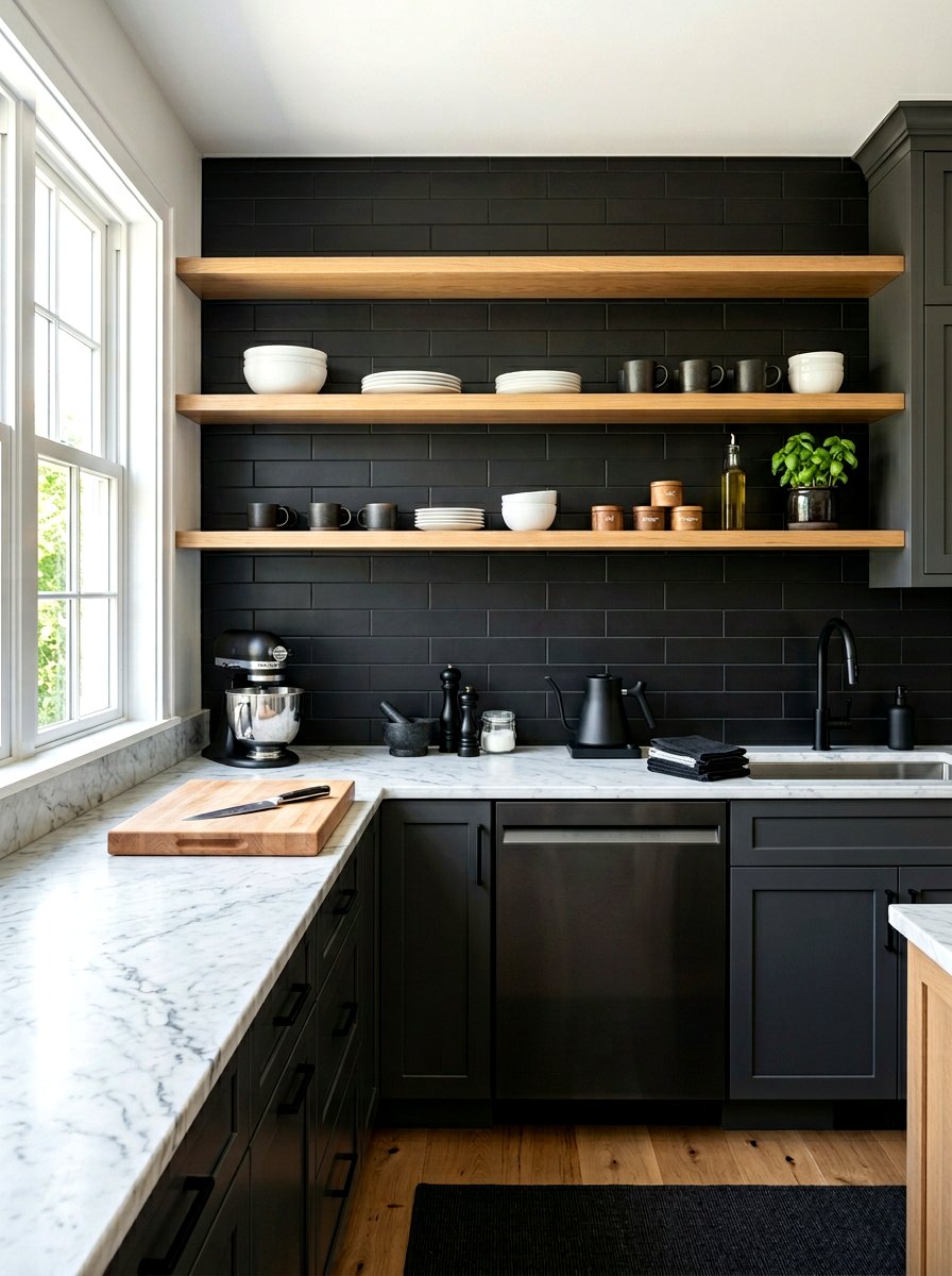Black Backsplash Wood Open Shelving - 30 black and wood decor ideas