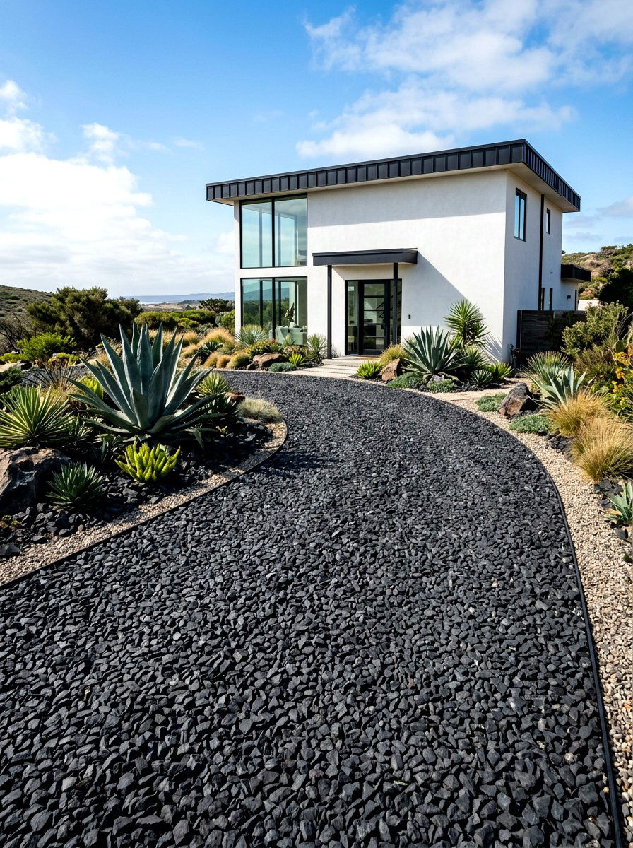 Black Basalt Driveway - 30 gravel driveway ideas