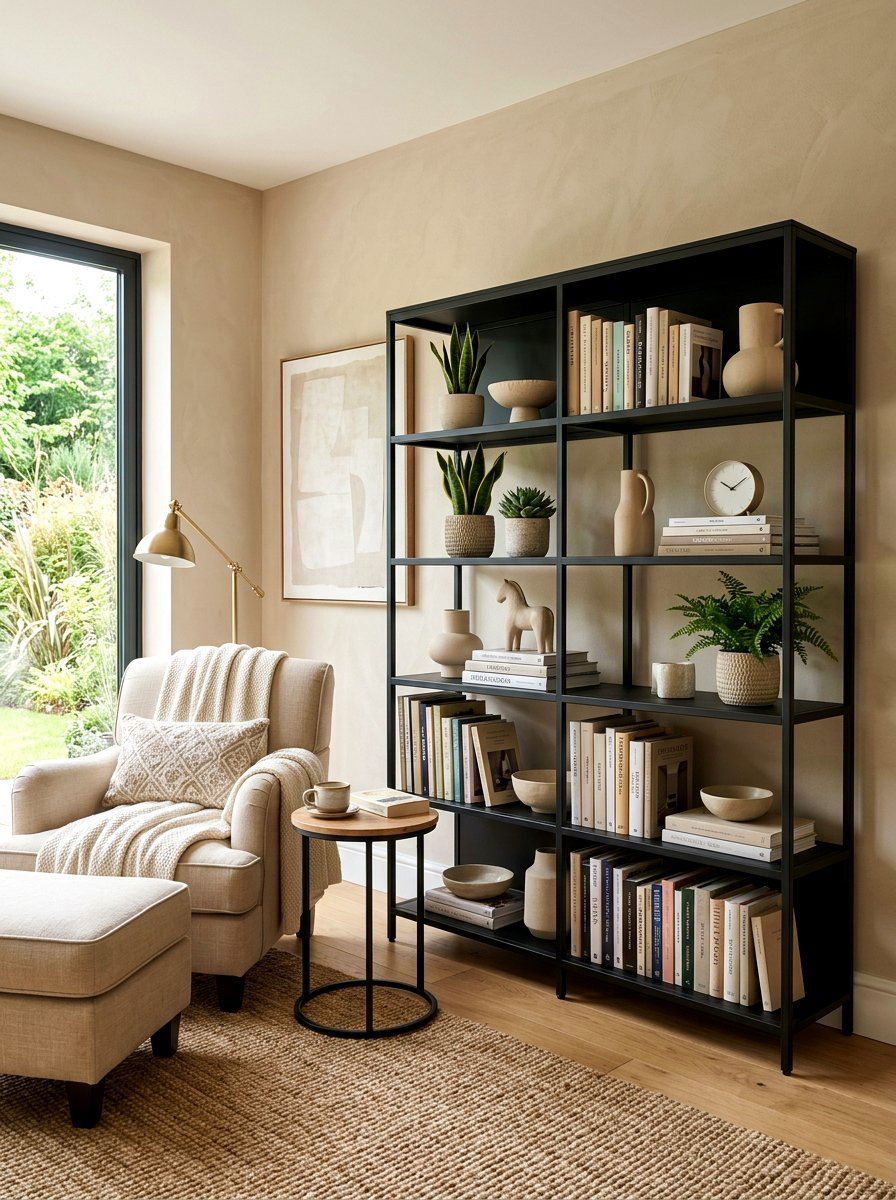 Black Bookshelf In Beige Living Room - 30 black and beige living room ideas