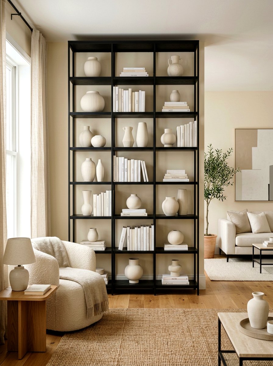 Black Bookshelf with Cream Decorative Objects - 30 black and cream living room ideas