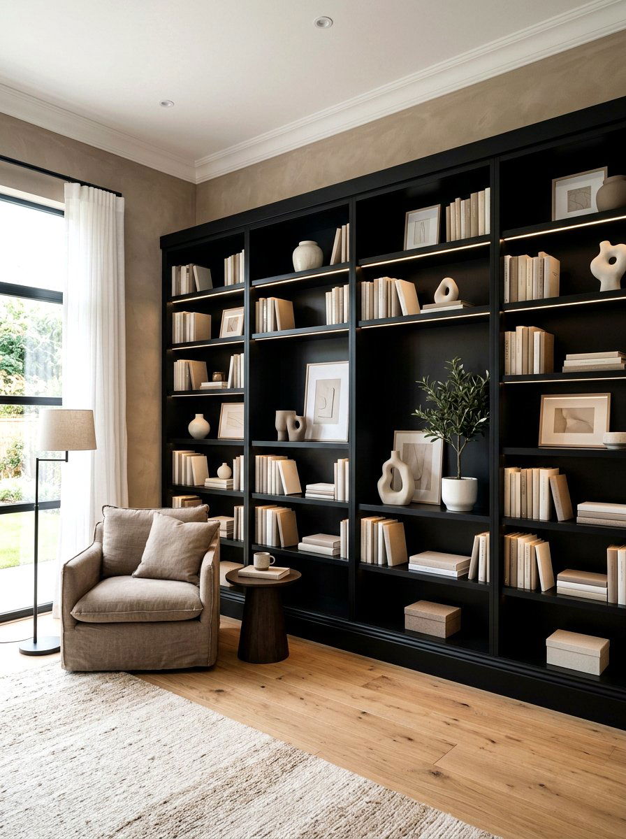 Black Built In Bookshelves - 30 taupe and black living room ideas
