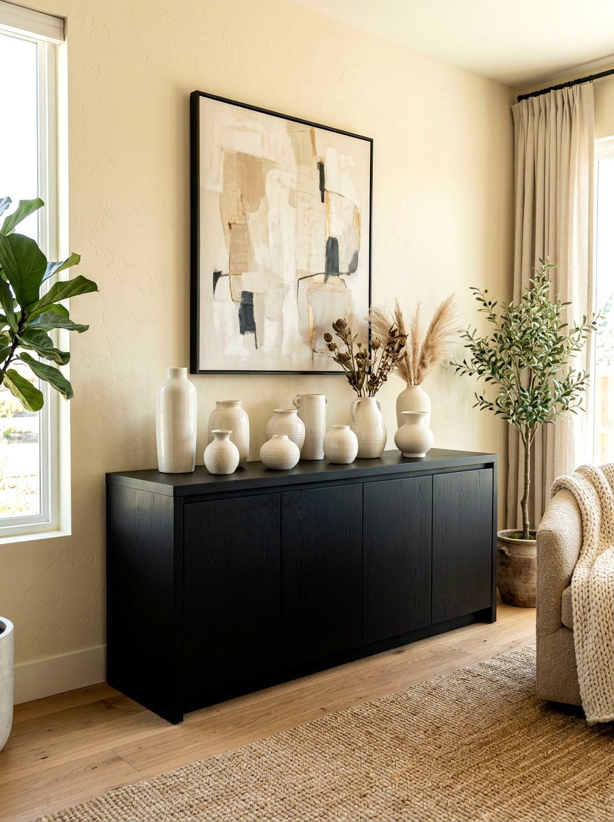 Black Cabinet with Cream Ceramic Vases - 30 black and cream living room ideas