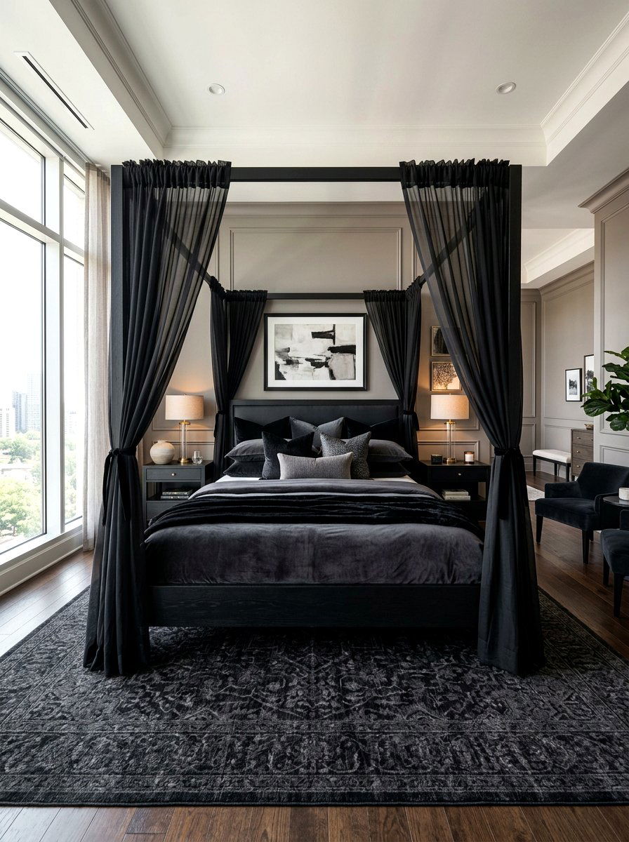 Black Canopy Bed Suite - 30 dark romantic Halloween home ideas