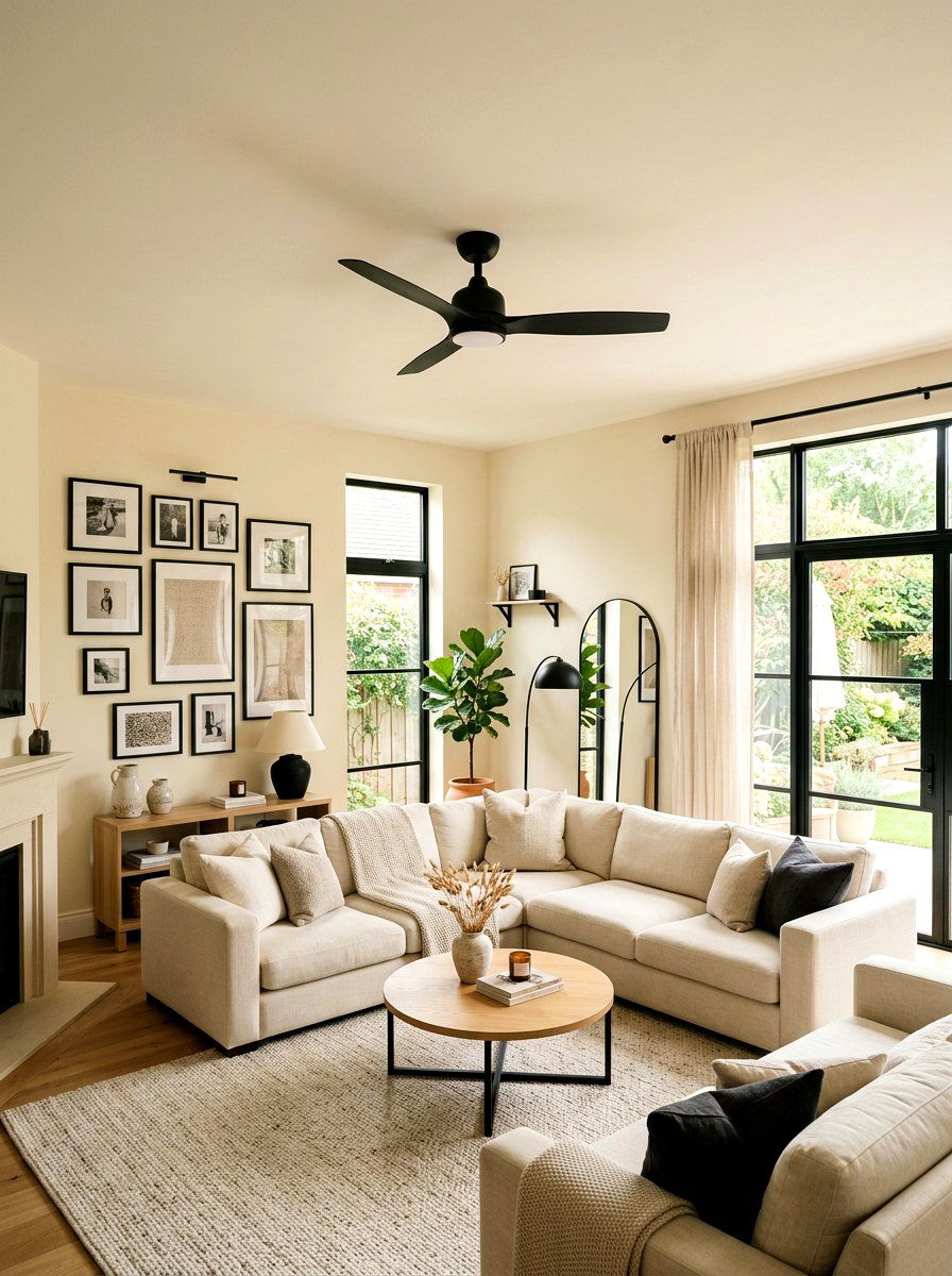 Black Ceiling Fan in Cream Living Room - 30 black and cream living room ideas