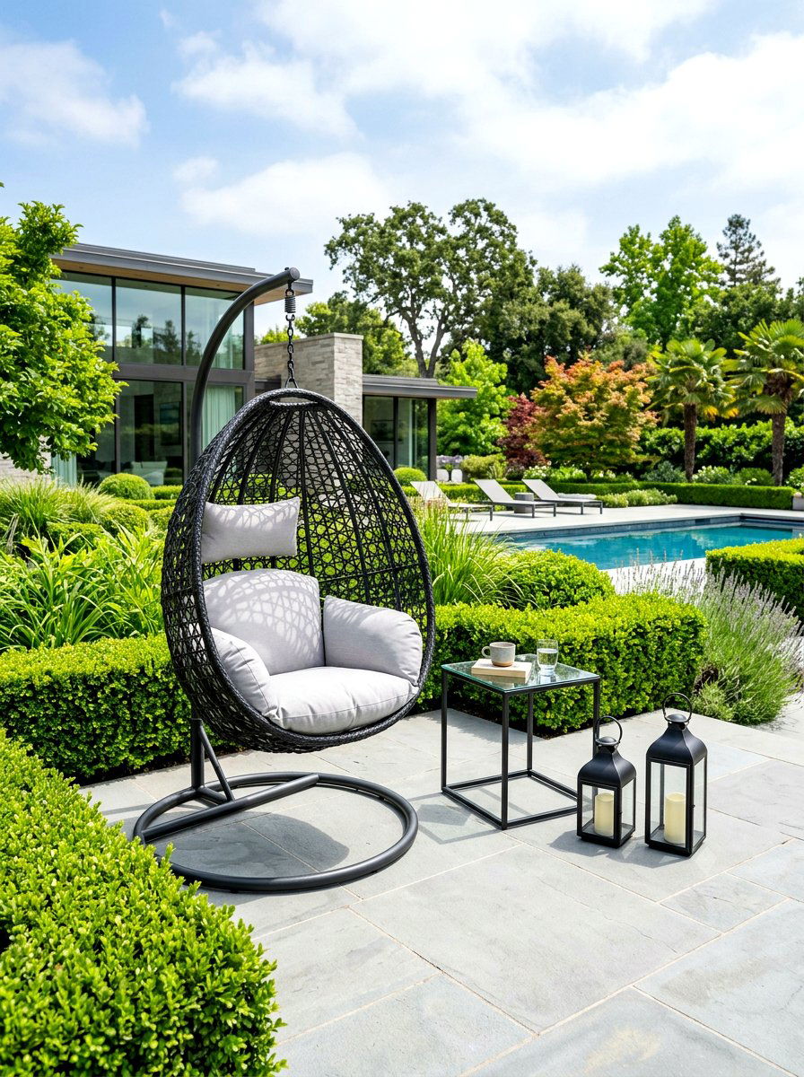 Black Egg Chair Terrace - 30 hanging chair patio ideas