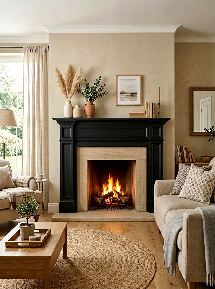 Black Fireplace Mantel In Beige Living Room - 30 black and beige living room ideas