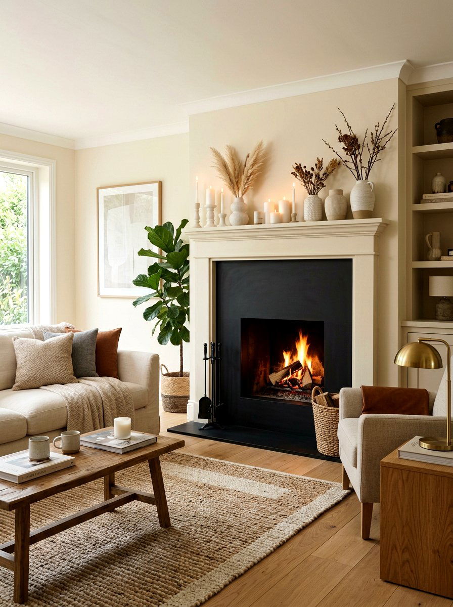 Black Fireplace with Cream Mantle Decor - 30 black and cream living room ideas