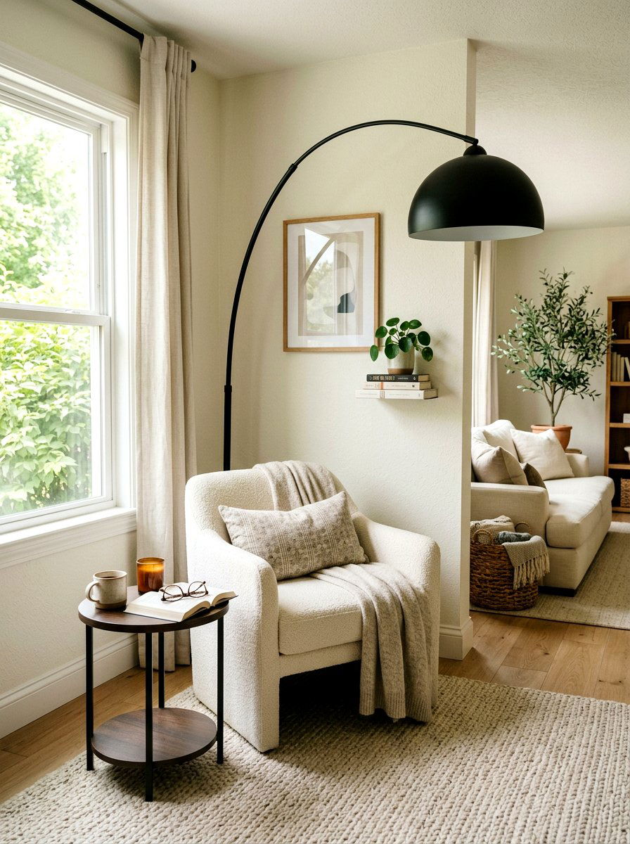 Black Floor Lamp in Cream Corner - 30 black and cream living room ideas