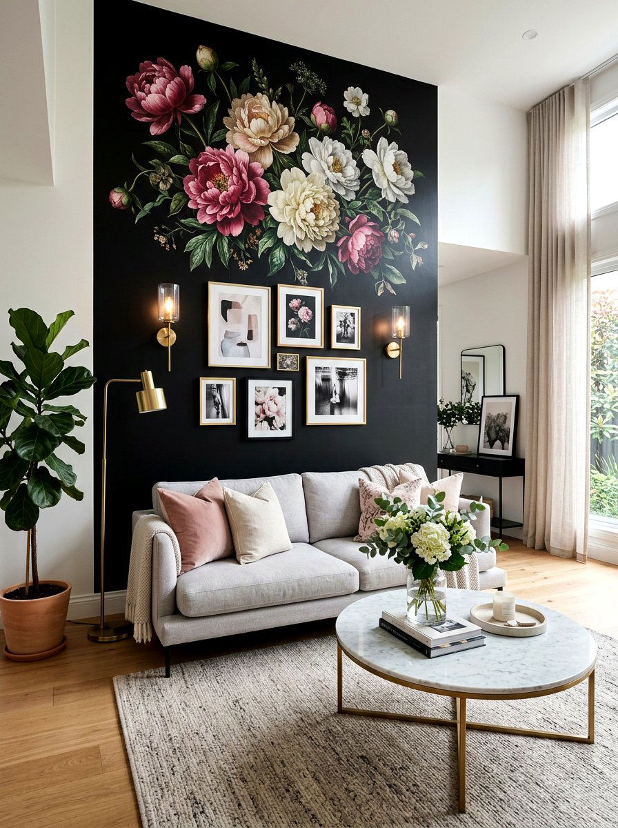 Black Floral Feature Wall - 30 dark floral living room ideas
