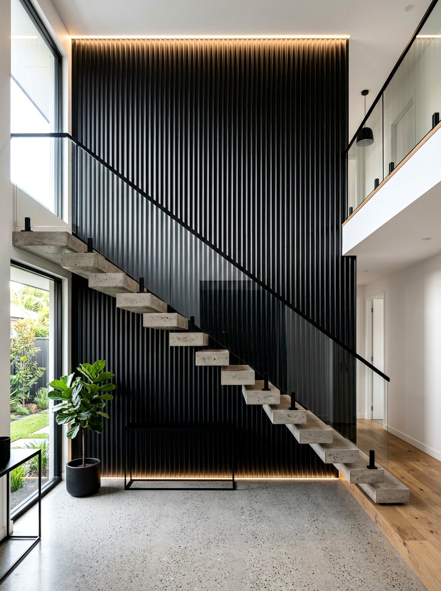 Black Fluted Wall - 30 staircase wall panel ideas