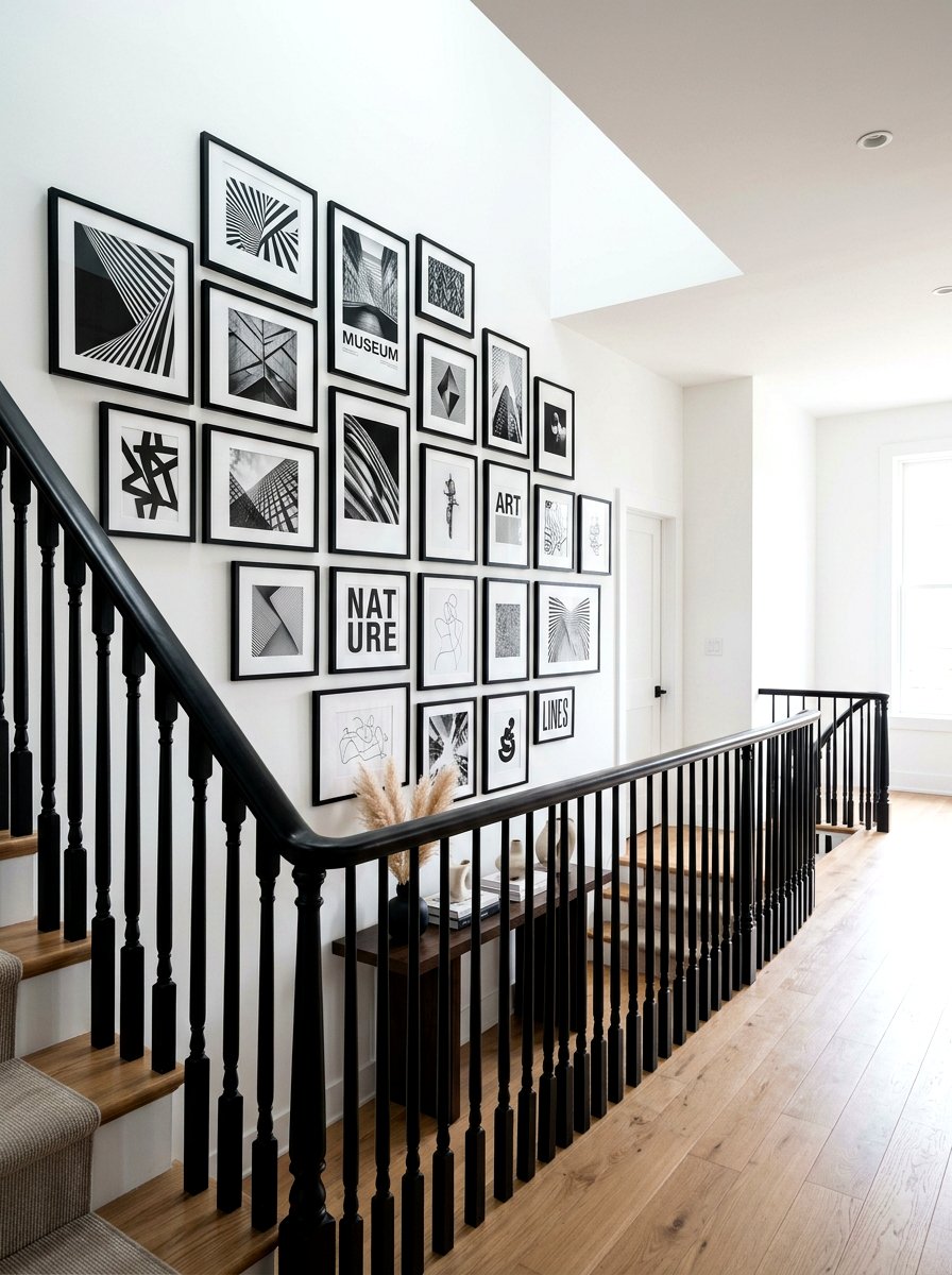Black Frame Gallery Wall - 30 stair landing gallery ideas