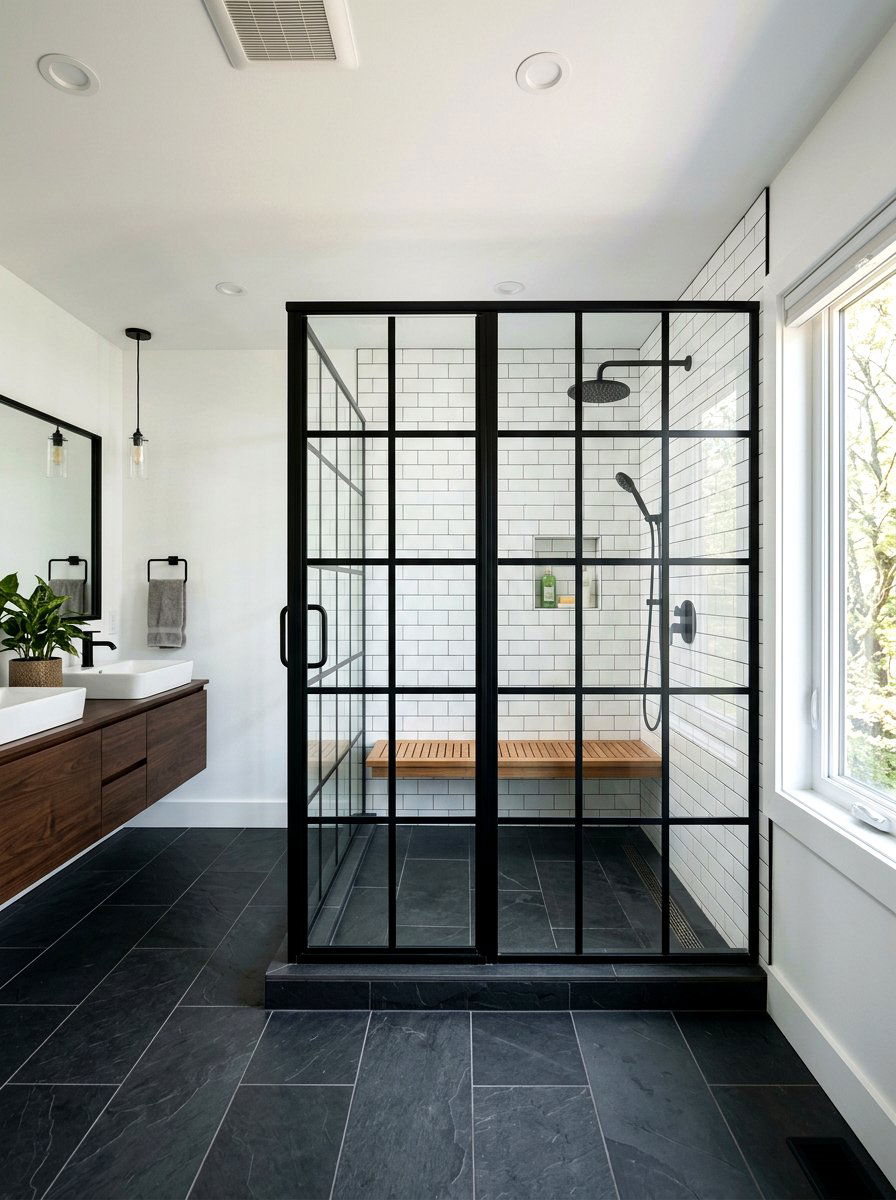 Black Frame Shower - 30 farmhouse bathroom ideas