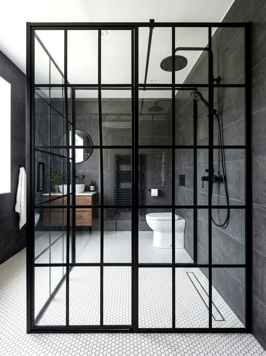 Black Frame Shower - 30 curbless shower ideas