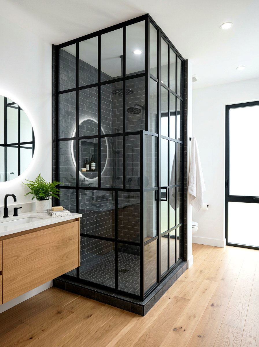 Black Framed Glass Shower - 30 moody farmhouse bathroom ideas