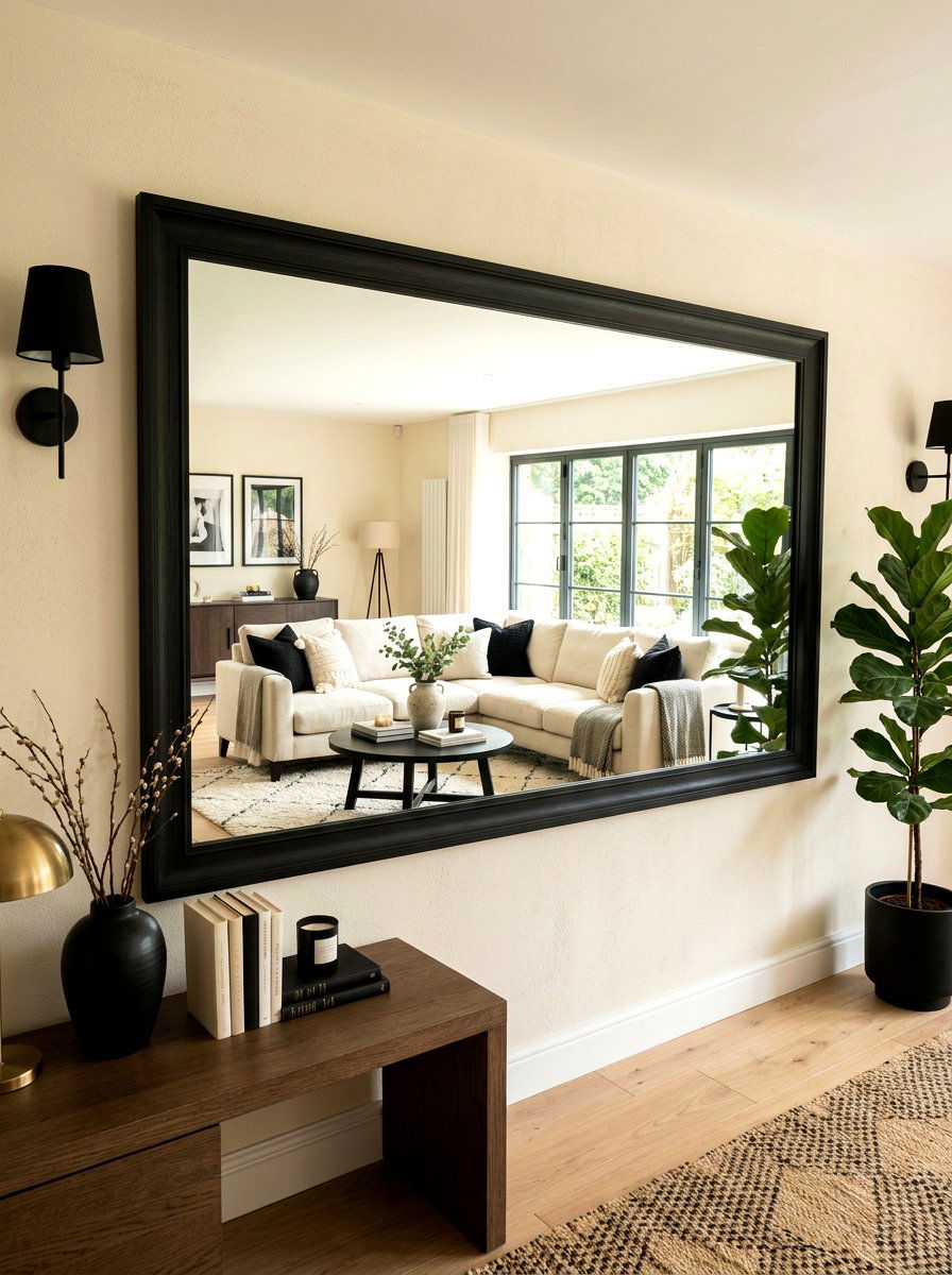 Black Framed Mirror in Cream Living Room - 30 black and cream living room ideas