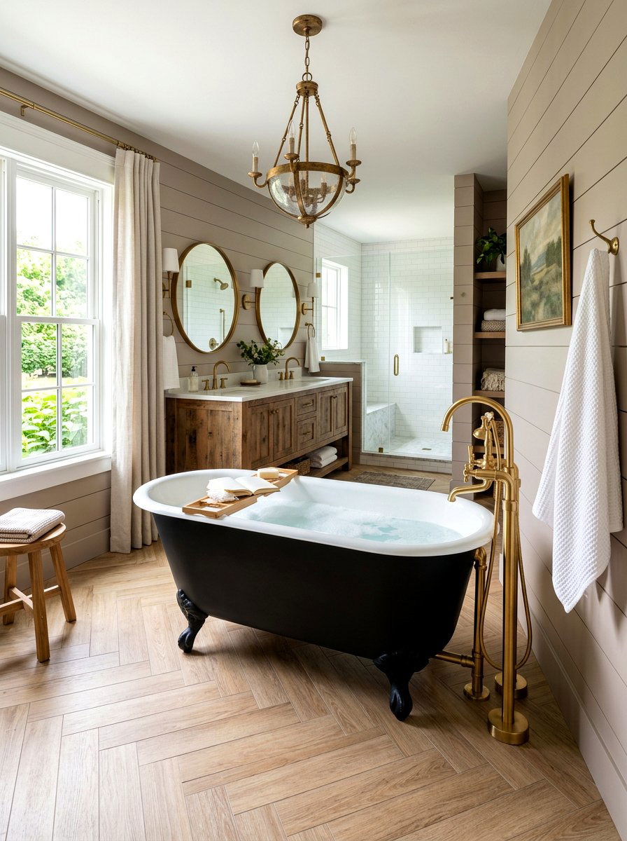 Black Freestanding Bathtub - 30 moody farmhouse bathroom ideas