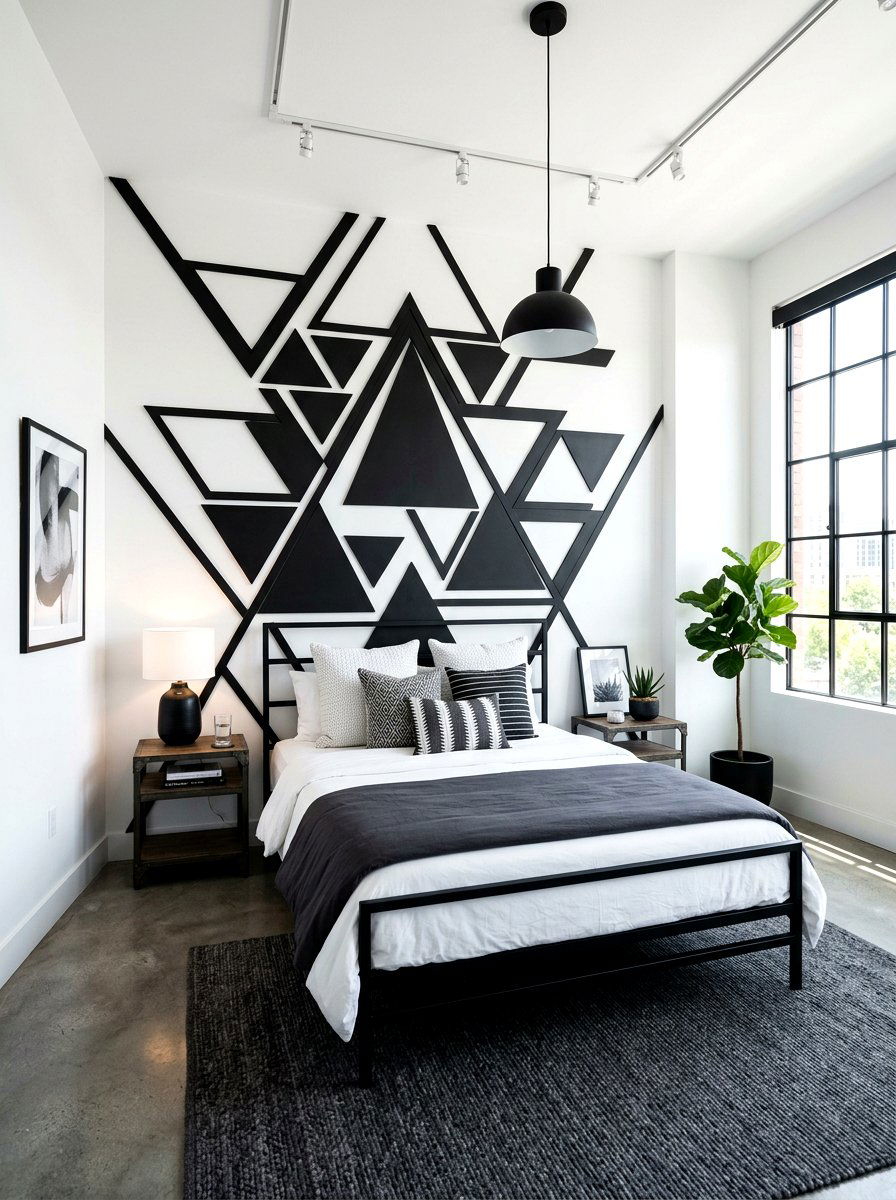 Black Geometric Headboard Wall - 30 painted headboard wall ideas
