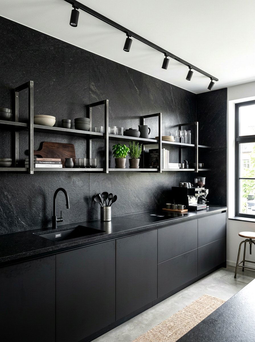 Black Granite Slab Wall - 30 full slab stone wall kitchen ideas