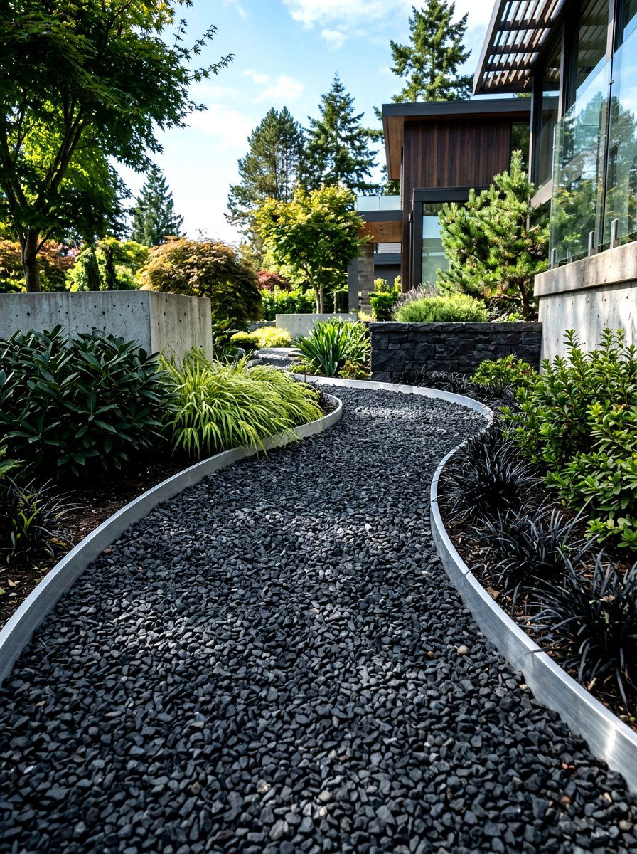 Black Gravel Path - 30 gravel walkway ideas