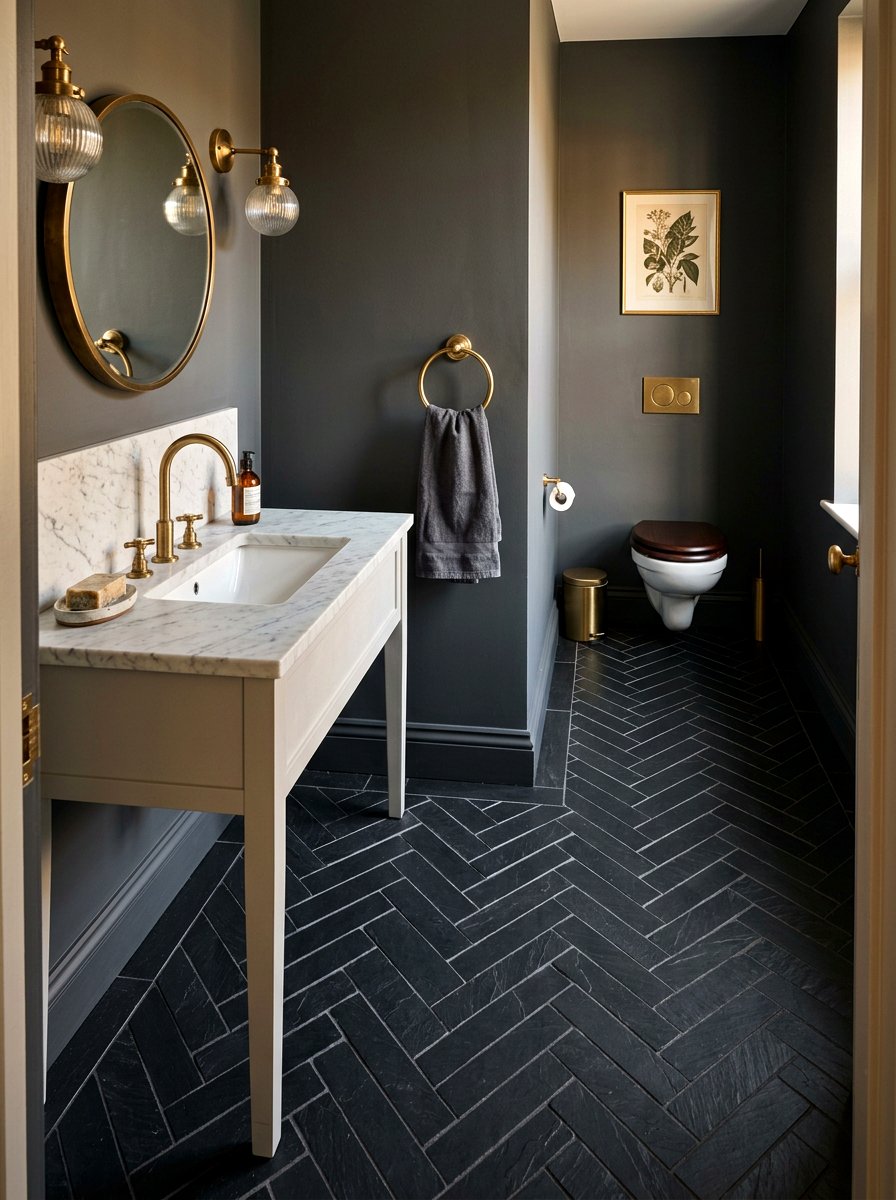 Black Herringbone Floors - 30 dark powder room ideas