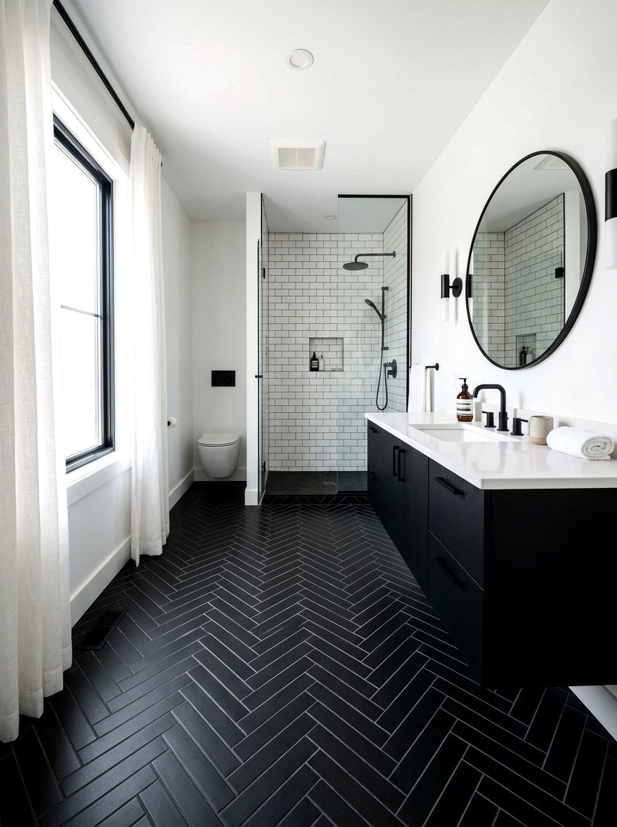 Black Herringbone Tile - 30 black bathroom ideas