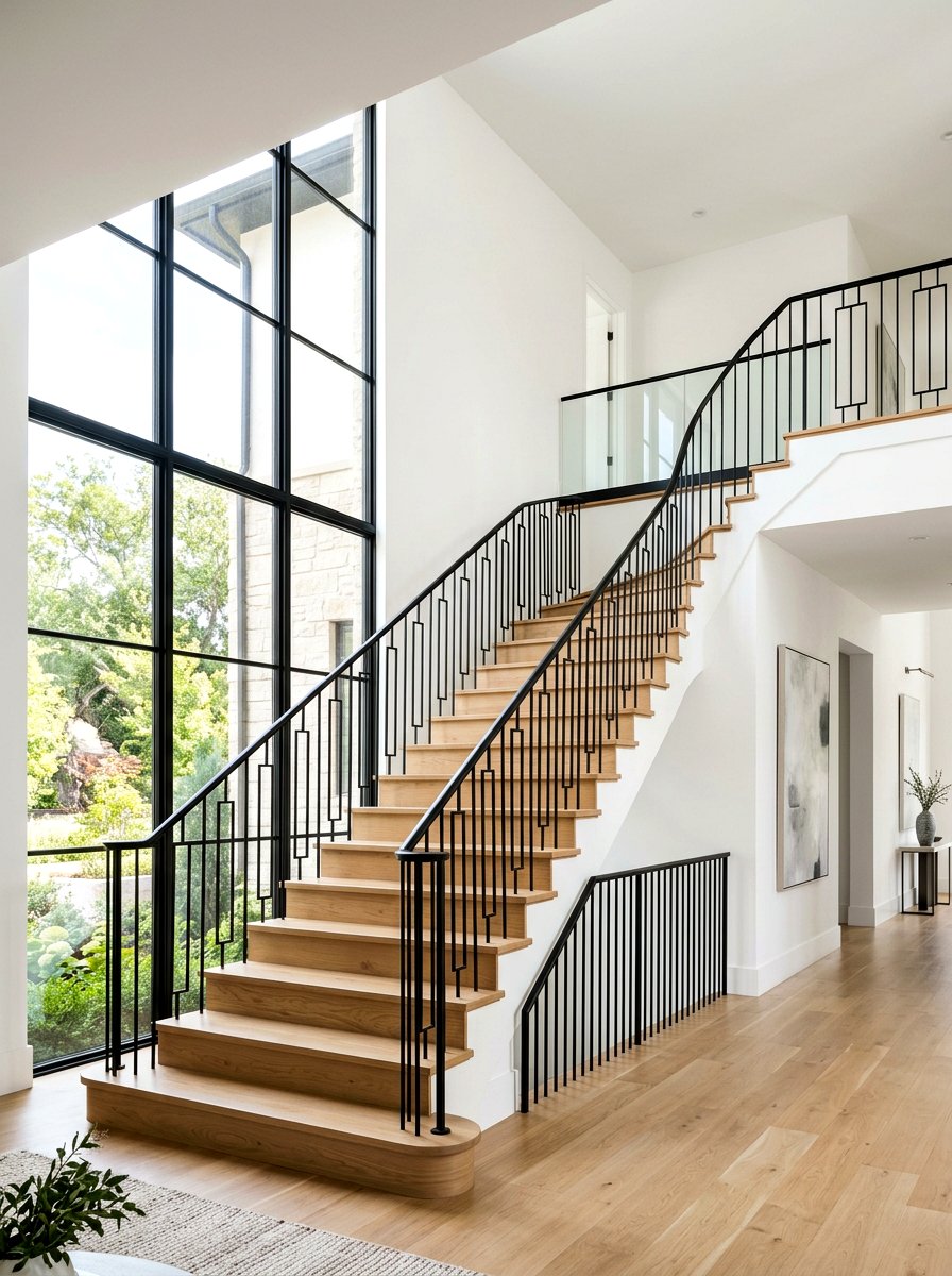 Black Iron Stair Railing - 30 modern farmhouse decor ideas