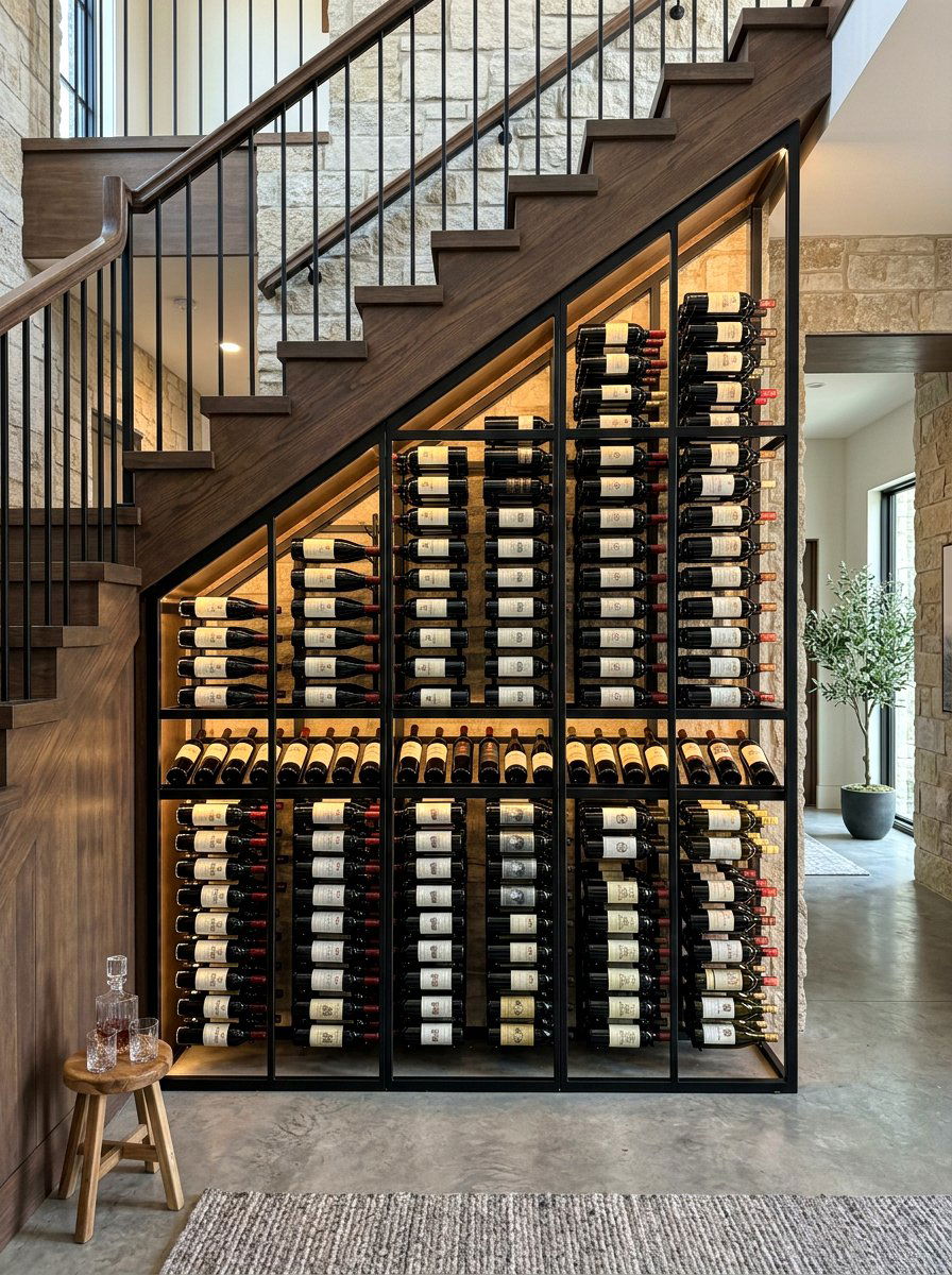 Black Iron Wine Rack - 30 under stairs wine nook ideas