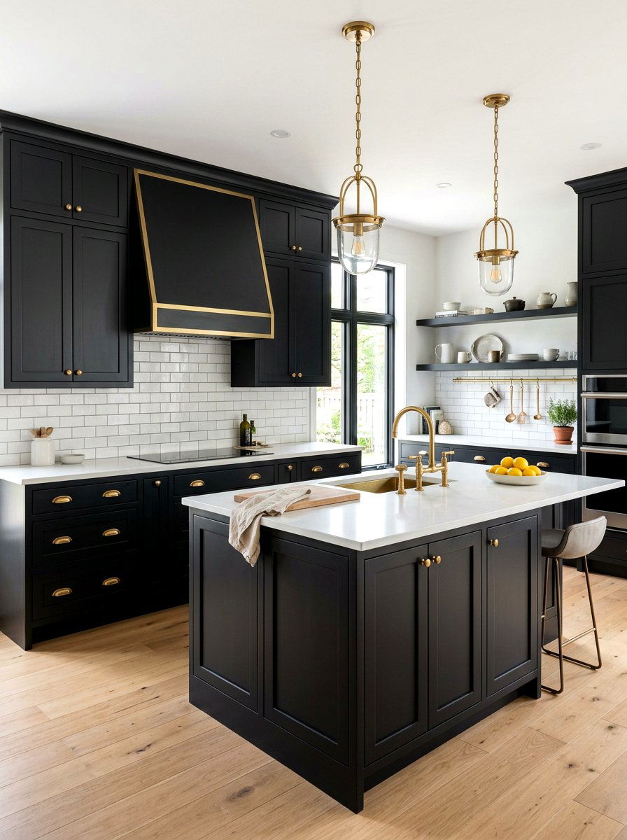 Black Kitchen with Brass Hardware - 30 black kitchen ideas