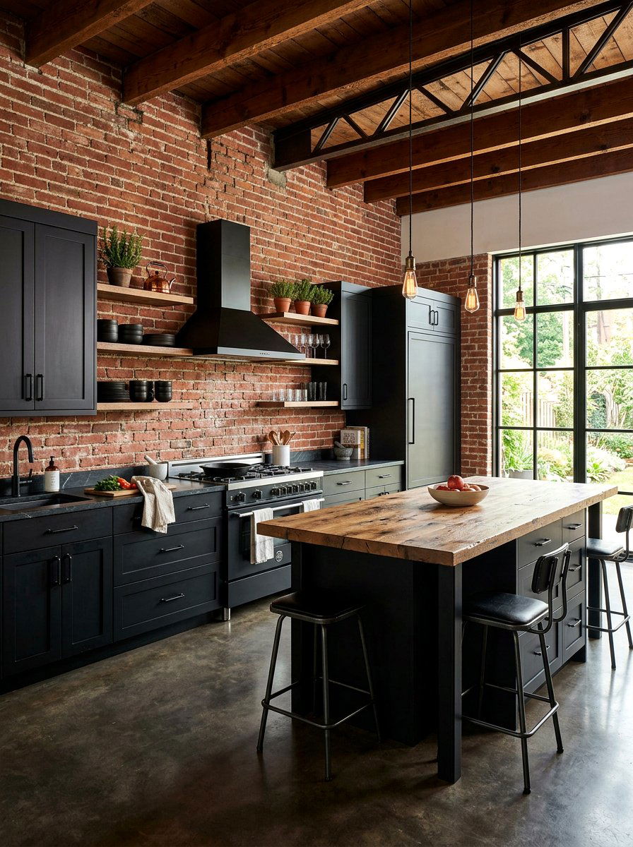 Black Kitchen with Brick Wall - 30 black kitchen ideas