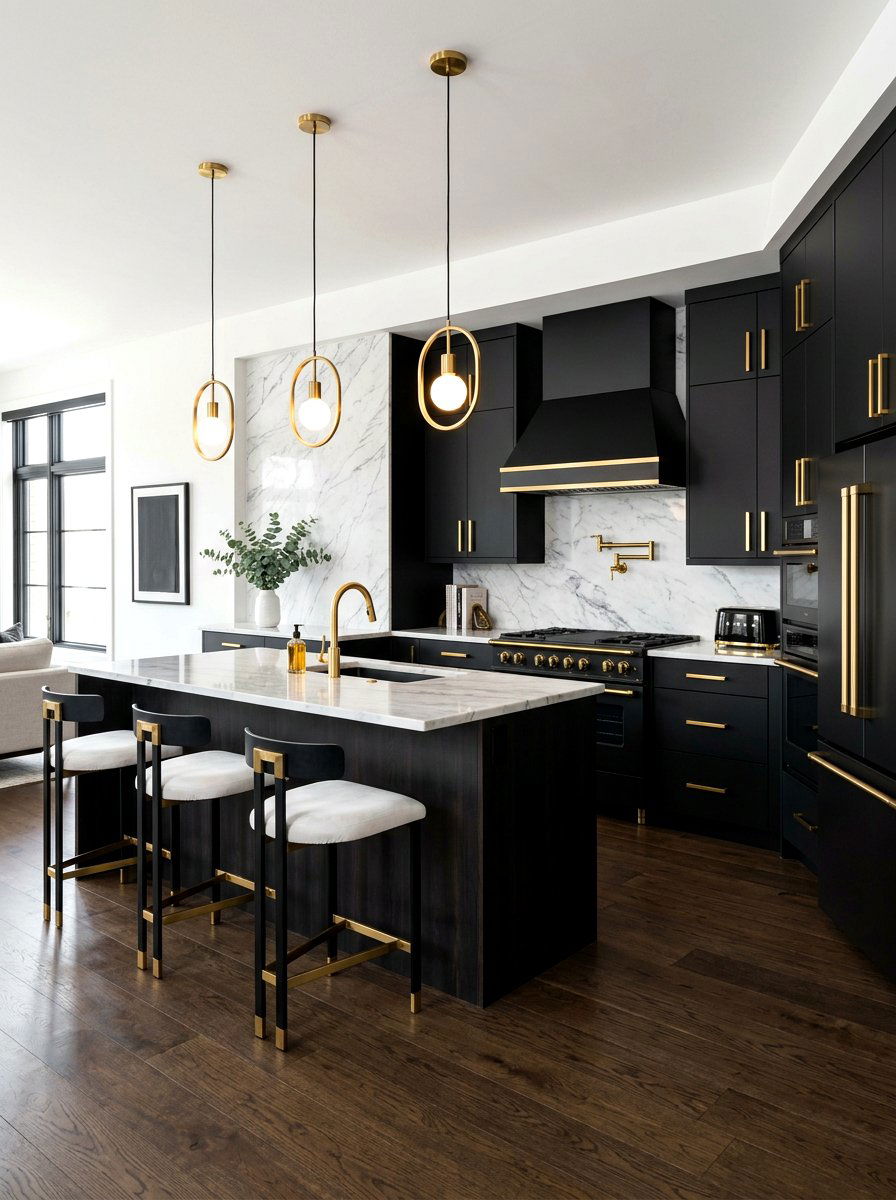 Black Kitchen with Gold Accents - 30 black kitchen ideas