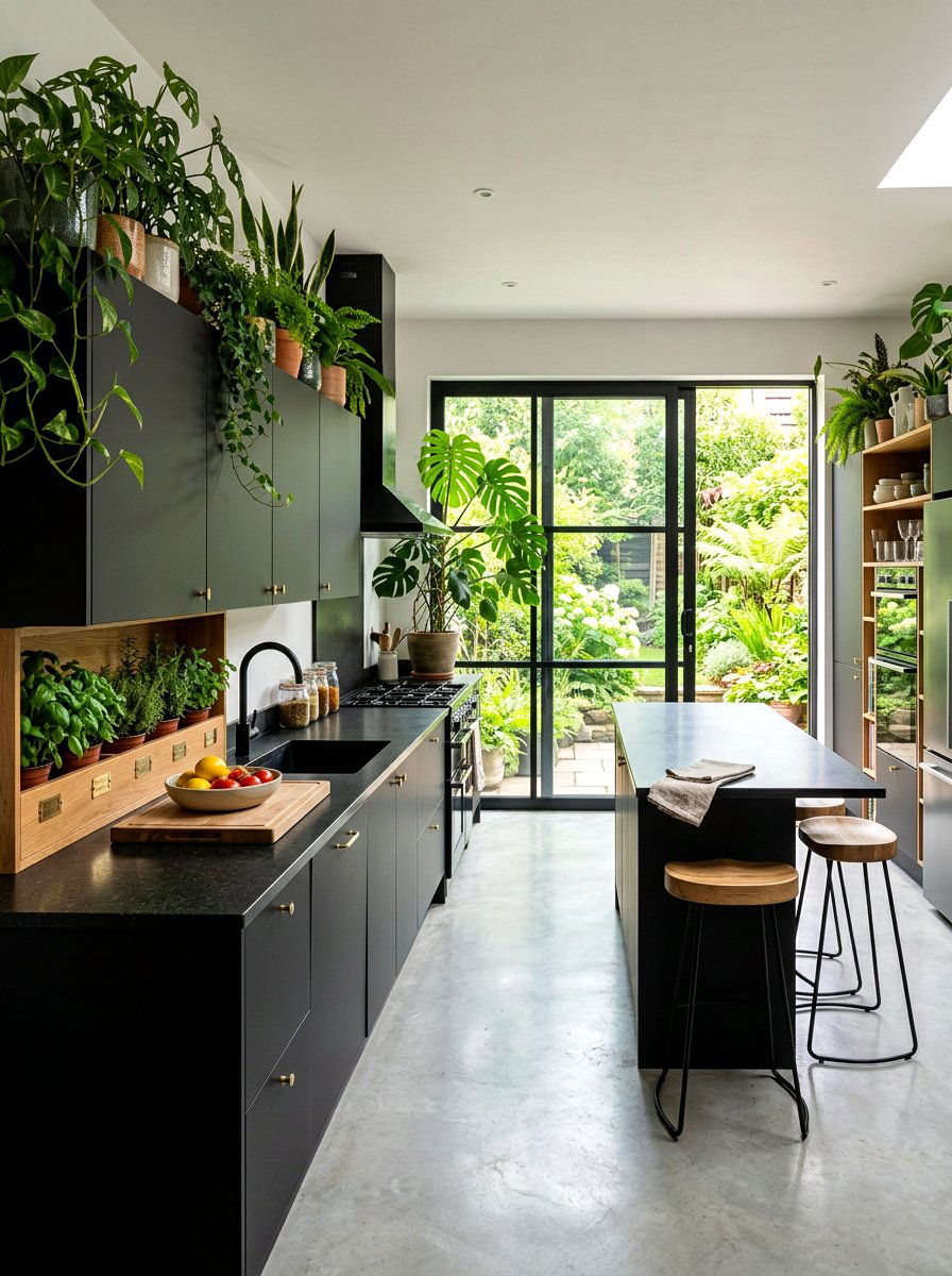 Black Kitchen with Greenery - 30 black kitchen ideas