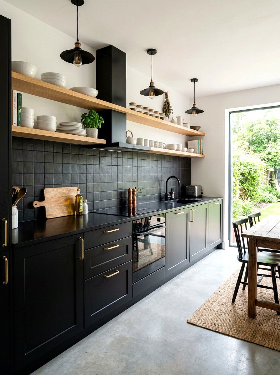 Black Kitchen with Open Shelving - 30 black kitchen ideas