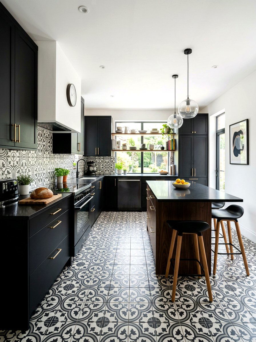 Black Kitchen with Patterned Tiles - 30 black kitchen ideas