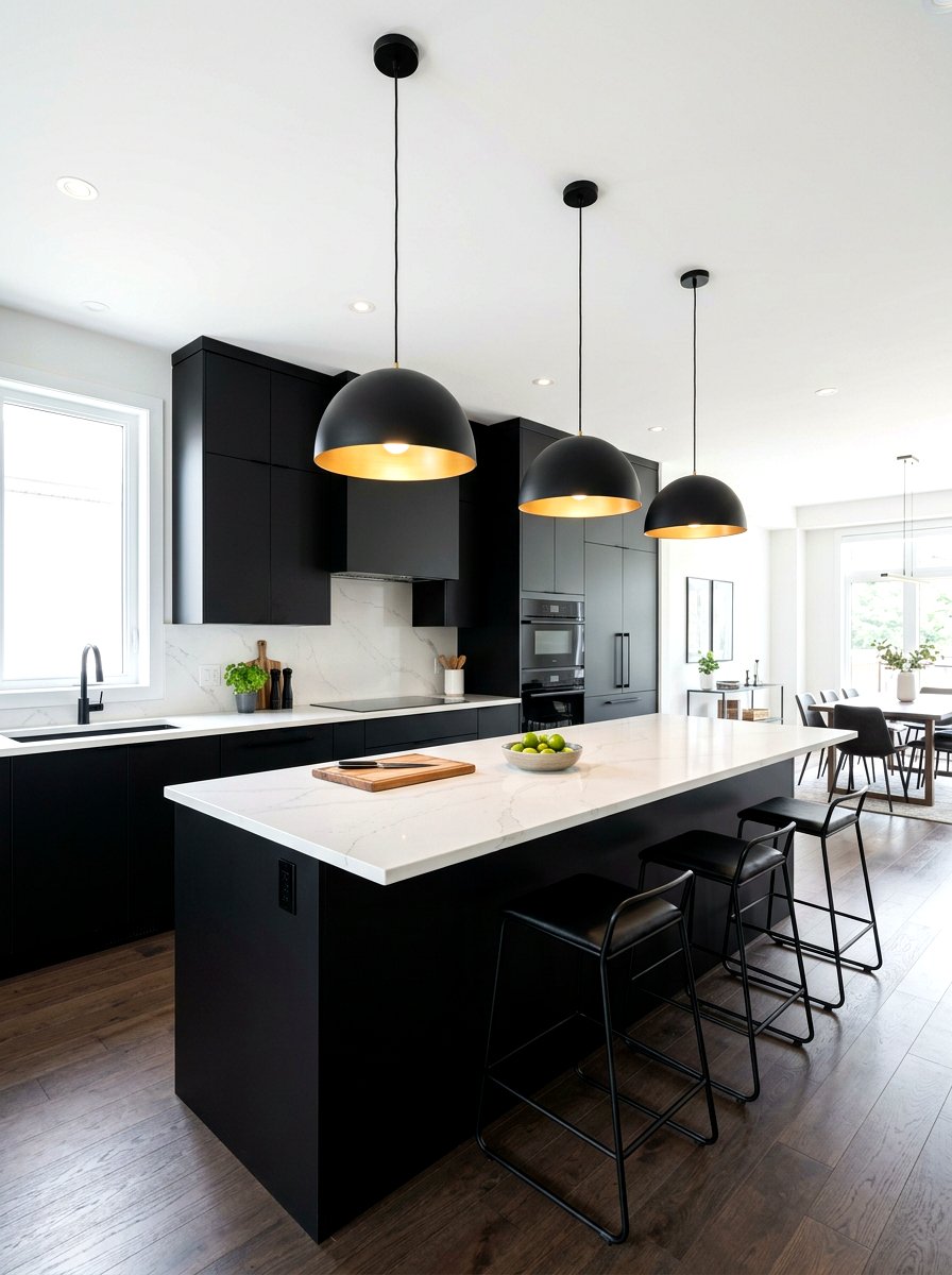 Black Kitchen with Pendant Lighting - 30 black kitchen ideas